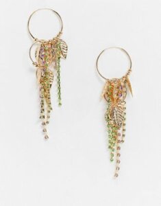 ASOS DESIGN earrings with leaf and pastel crystal strands in gold tone