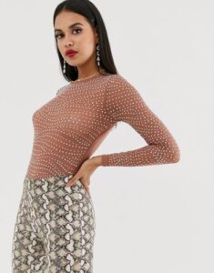 ASOS DESIGN embellished long sleeve mesh body with crystal studs-Brown