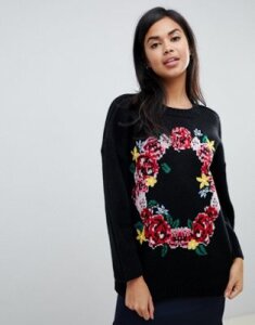 ASOS DESIGN embroidered floral wreath sweater-Black