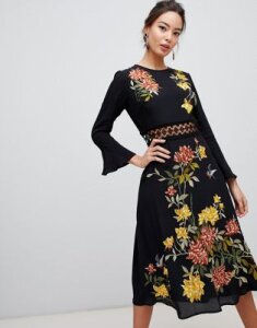 ASOS DESIGN embroidered midi dress with lace inserts and floral embroidery-Black