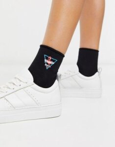 ASOS DESIGN embroidered neon paradise roll top ankle sock in black