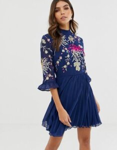 ASOS DESIGN embroidered pleated mini dress with fluted sleeve-Navy