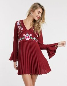 ASOS DESIGN embroidered pleated mini dress with lace inserts
