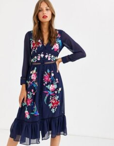 ASOS DESIGN embroidered skater midi dress with lace trims and pephem-Navy