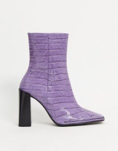 ASOS DESIGN Erico premium leather patent heeled boots in purple croc