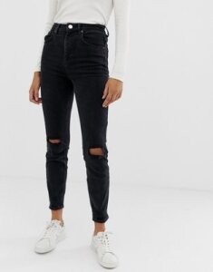 ASOS DESIGN Farleigh high waisted slim mom jeans in washed black with busted knees
