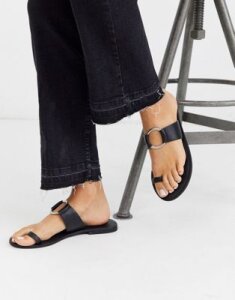 ASOS DESIGN Feline leather toe loop sandal in black