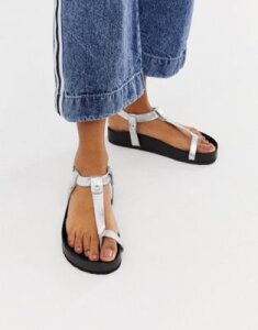 ASOS DESIGN Filmore premium leather minimal footbed toe loop sandals-Silver