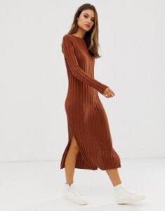 ASOS DESIGN fine knit ribbed midi dress in recycled blend-Brown