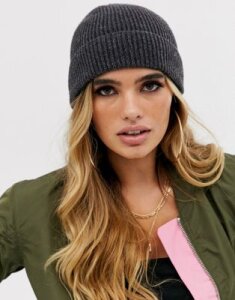 ASOS DESIGN fisherman rib beanie hat in recycled polyester-Gray