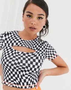 ASOS DESIGN fitted top in checkboard with cutout and contrast stitch-Black
