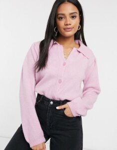 ASOS Design fluffy collared sweater with placket detail in lilac-Purple