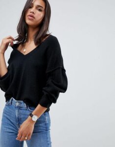 ASOS DESIGN fluffy sweater with v neck-Black