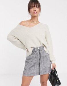 ASOS DESIGN fluffy v neck ribbed sweater with balloon sleeve in recycled blend-Stone