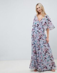 ASOS DESIGN flutter sleeve maxi dress with pleat skirt in floral print-Multi