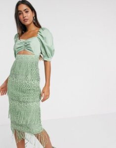 ASOS DESIGN fringe lace midi dress with structured bodice in sage-Green