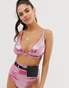 ASOS DESIGN FULLER BUST Deep Plunge Crop Bikini Top in pink dd-g