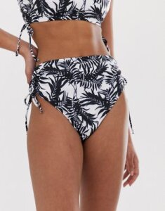 ASOS DESIGN fuller bust exclusive ruched side high leg high waist bikini bottom mono palm print-Multi