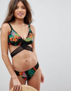 ASOS DESIGN Fuller Bust Exotic Leaf Print Hand Macrame Triangle Bikini Top Dd-F-Multi