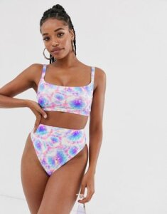 ASOS DESIGN fuller bust mix and match strappy back V front crop bikini top in neon tie dye dd-g-Multi