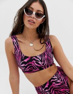 ASOS DESIGN fuller bust skinny crop bikini top pink zebra print dd-g