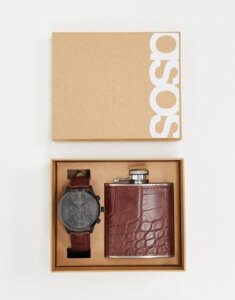 ASOS DESIGN gift watch with tan classic hip flask-Brown