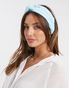 ASOS DESIGN gingham sheer twist front headscarf in blue