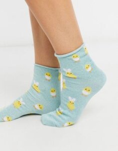 ASOS DESIGN glitter Easter chick ankle socks with roll top in blue
