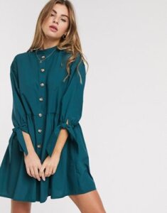 ASOS DESIGN grandad collar button through mini smock dress with tie sleeve in forest green