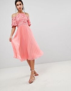 ASOS DESIGN Guipure Lace Top Midi Dress With Pleated Skirt-Pink