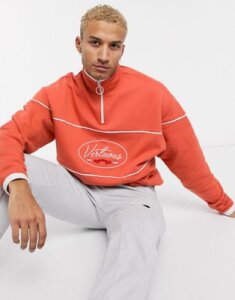 ASOS DESIGN half zip sweatshirt in orange with chest text print-Red