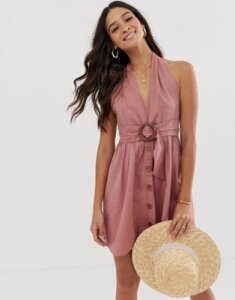 ASOS DESIGN halter neck mini button through linen sundress with buckle-Pink