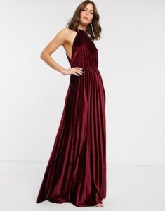 ASOS DESIGN halter pleated waisted maxi dress in velvet-Red