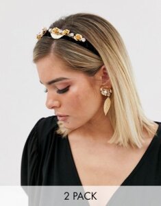 ASOS DESIGN headband with gold floral embellishment and leaf drop pearl earrings in gold tone-Multi