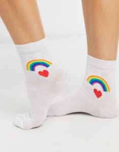 ASOS DESIGN heart and rainbow ankle socks-White