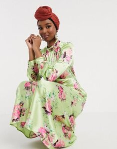 ASOS DESIGN high neck maxi satin tea dress in bright floral print-Multi