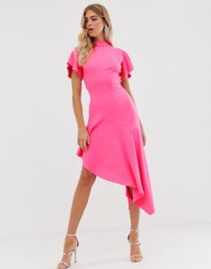 ASOS DESIGN high neck midi dress with open back and pep hem-Pink