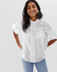 ASOS DESIGN high neck top with lace inserts in cotton-White
