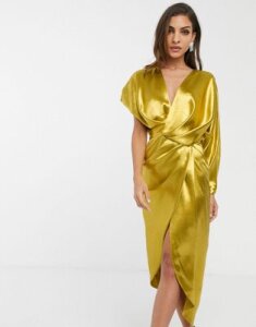ASOS DESIGN high shine satin drape wrap midi dress with asymmetric sleeve-Gold