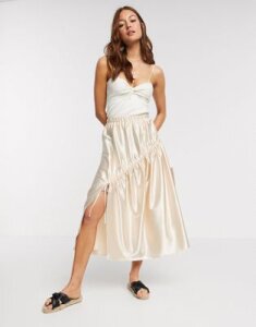 ASOS DESIGN high shine satin midi skirt with ruching detail in off white-Beige