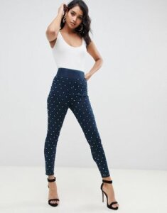 ASOS DESIGN high waisted pull on denim jeggings with rhinestone detail-Blue