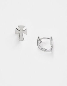 ASOS DESIGN hinge hoop earrings with cross in silver tone