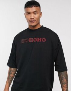 ASOS DESIGN Holidays oversized longline t-shirt with hotfix gem Ho Ho Ho text print and stepped hem-Black