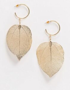ASOS DESIGN hoop earrings with leaf drop in gold tone
