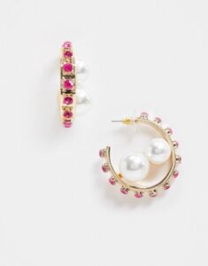 ASOS DESIGN hoop earrings with pink crystal and pearl detail in gold tone