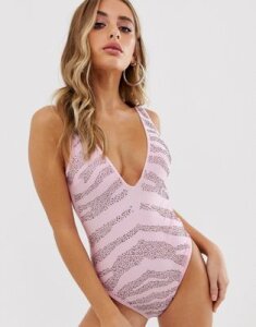 ASOS DESIGN jewelled deep plunge swimsuit in pastel zebra print-Multi