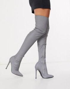 ASOS DESIGN Kendra stiletto thigh high boots in reflective-Silver