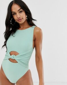 ASOS DESIGN knot front slinky glam swimsuit in mint green
