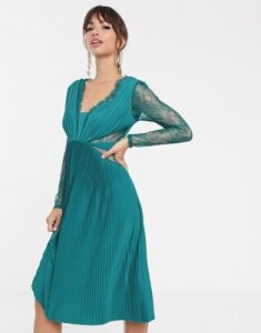 ASOS DESIGN lace and pleat long sleeve midi dress-Green