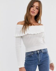 ASOS DESIGN lace bardot sweater with ruffle detail-White